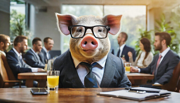 Pig in a meeting, business, suit, pig, colleague, businessman, man, adult, employee, horizontal, office, manager, employer, entrepreneur, fighting, leadership, negative, surreal, ai, amazing, guilty, 