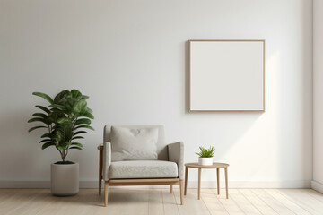 Capture of a minimalist living room with a single chair, potted plant, and an open frame for custom text.
