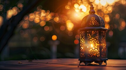 Fototapeta na wymiar Muslim Holy Month Ramadan Kareem - Ornamental Arabic Lantern With Burning Candle Glowing At Evening - generative ai
