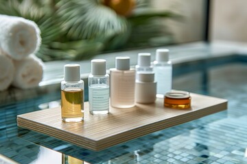 Beauty Face Propolis extract Aloe Vera. Natural organic Skincare products: Red carpet glamour lotion, moisture marula oil gel, Beta hydroxy cleanser serum and blank cream tube Composure jar pot