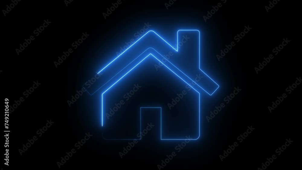 Poster glowing neon line map pointer with house icon isolated on black background. home location marker sym