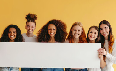 Group of happy cheerful mixed race girls holding white placard on yellow background - obrazy, fototapety, plakaty