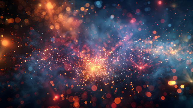 colorful abstract background with glowing particles and lights.