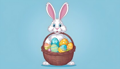 Easter bunny with a wicker basket full of colorful easter eggs on pastel blue background