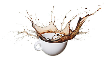 coffee splashing out from a white cup mug isolated on PNG Background. Generative Ai.
