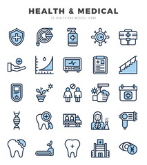 Vector icons set of HEALTH & MEDICAL. Two Color style Icons.