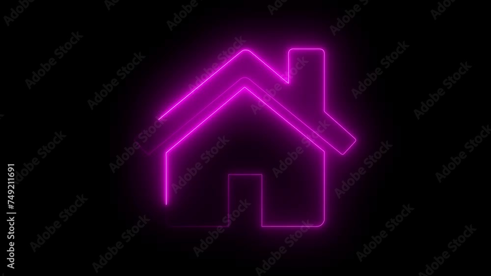 Poster glowing neon line map pointer with house icon isolated on black background. home location marker sym