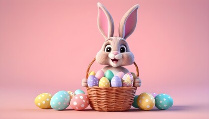 Easter bunny with a wicker basket full of colorful easter eggs on pastel pink background