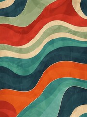 A dynamic abstract painting featuring wavy lines in vibrant shades of blue, green, red, and orange intersecting and overlapping in a visually striking composition.