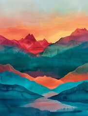 A painting depicting a grand mountain range under a vibrant sunset sky. The mountains are highlighted against the warm hues of the setting sun.
