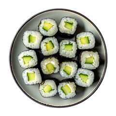 top view of a delectable Avocado and Cucumber Maki arranged on an elegant Japanese lacquerware, food photography style isolated on a transparent  white background. 