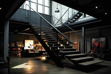 Industrial metal staircase, rugged yet sophisticated, in a converted warehouse loft. - Powered by Adobe