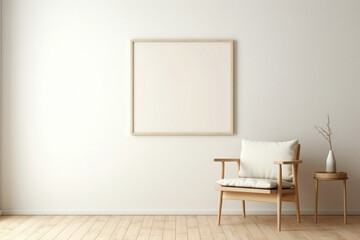 Minimalistic beige interior featuring a lone chair, wooden accents, and a framed space for personalized text.