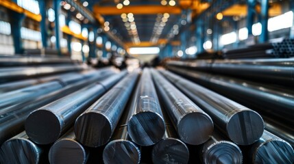 Rows of Steel Round Bar storage and stacking in the warehouse for industrial construction.manufacture, iron, metal, building, architecture - obrazy, fototapety, plakaty
