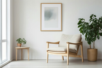 Embrace simplicity in a Scandinavian-inspired living space featuring a wooden chair, a lush plant, and an empty frame for your narrative.