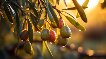 Olive tree branch with ripe olives on sunset background