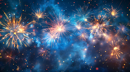 Fototapeta premium Fireworks light up the sky with red, blue, and gold colors. The background is filled with dark blue and red lights.