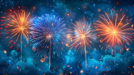 Naklejka premium Fireworks light up the sky with red, blue, and gold colors. The background is filled with dark blue and red lights.