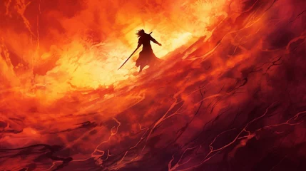 Muurstickers An ancient warrior training amidst molten lava flows under a bloodred sky vivid and intense © Little