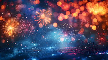 Fireworks light up the sky with red, blue, and gold colors. The background is filled with dark blue...