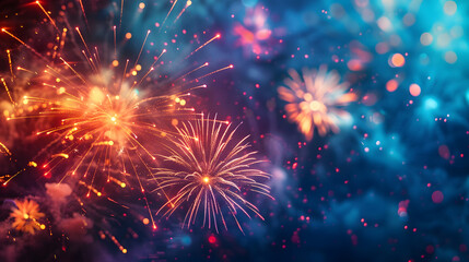 Fototapeta premium Fireworks light up the sky with red, blue, and gold colors. The background is filled with dark blue and red lights.