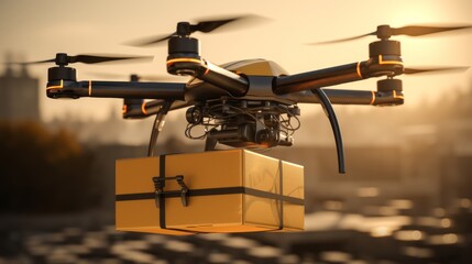 A drone with four rotors carries a package with a delivery icon, flying against a sunset city backdrop