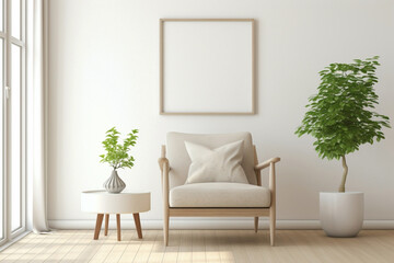 Beige and Scandinavian-themed living room, featuring a lone chair, greenery, and a frame ready for your text.