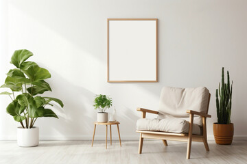 HD photograph of a Scandinavian-style living space with a single chair, plant, and an open frame for your creative text. - obrazy, fototapety, plakaty