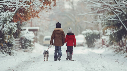 Fototapeta na wymiar A boy and his older sister walking their dog on a lightly snowy winter day