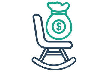 Pension icon. rocking chair with money bag. symbolizing retirement savings, stability, and financial security. line icon style. element illustration.