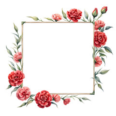 carnation-centered-within-a-frame-petals-bright-red-stem-lush-green-watercolor