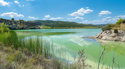 Natural park of the lagoons of Ruidera with green.