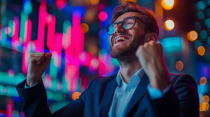Overflowing with joy and a sense of achievement, the man tightly grasped his hard-earned winnings, his spirits soaring alongside the bullish ascent of his stocks. - obrazy, fototapety, plakaty