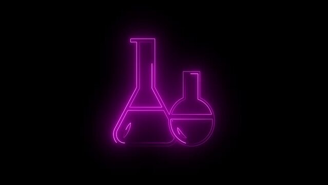 Neon Test tube and and beaker icon animation. Chemistry flask and falling drop. 4K Video motion graphic animation
