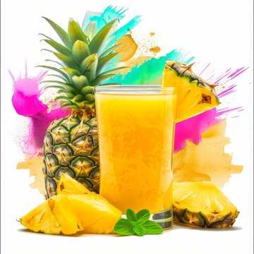 Fresh Pineapple Juice in a colorful pop art background photo on white isolated background