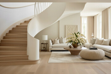 Crisp lines and organic textures converge in an inviting beige staircase, evoking a sense of modern...