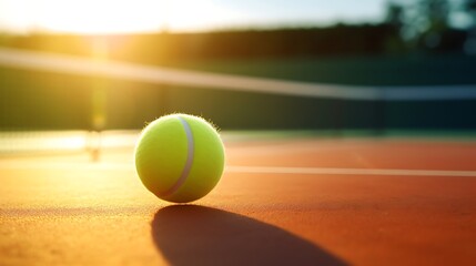 Tennis ball on tennis court at sunset