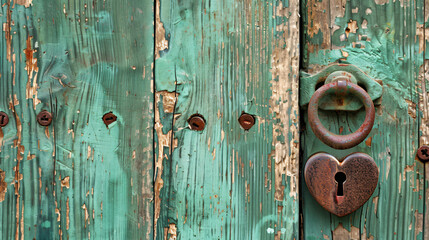 Old grungy green wooden door with peeling paint.