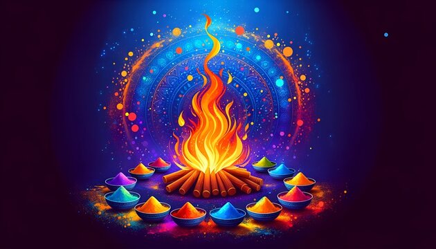 Illustration of holika dahan with a bonfire surround with colorful bowls of powder.