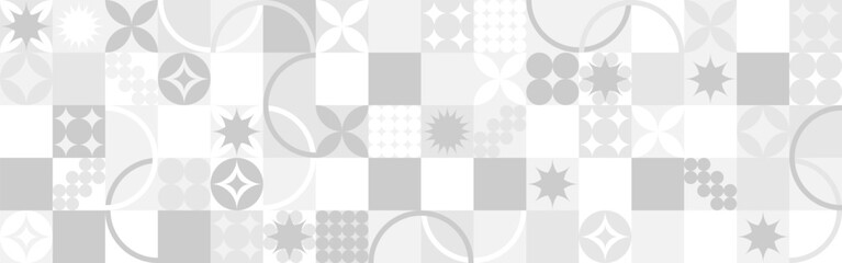 Seamless pattern for trendy white background for textile or wallpaper. Mosaic with gray texture of geometric shapes, template for web design.