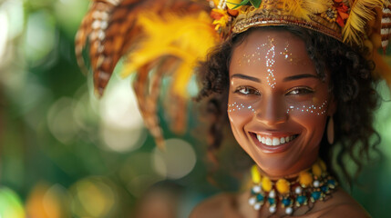 A girl smiling in a carnival open costume with feathers at a carnival in Brazil.