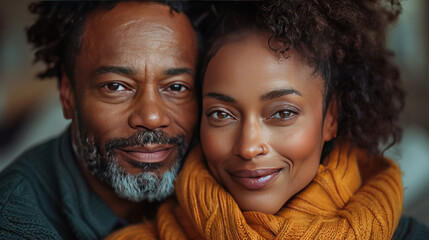 A middle-aged african-american couple hugging, in a living room environment, candid