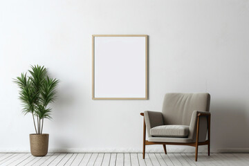 HD photograph of a Scandinavian-style living space with a single chair, plant, and an empty frame for creative text.