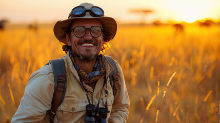 A white guy dressed as an explorer is at the heart of an exciting adventure in the African savannah. around his neck, he wears binoculars. he is shown running joyfully