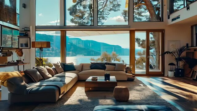 Modern living room with large windows overlooking the lake and mountains. Nobody inside