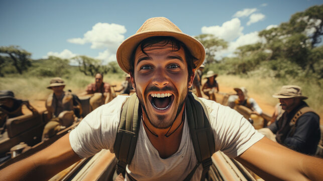 A white guy dressed as an explorer is at the heart of an exciting adventure in the African savannah. around his neck, he wears binoculars. he is shown running joyfully
