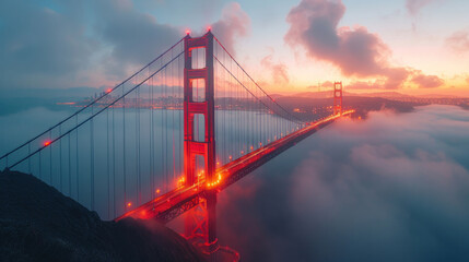 Amazing aerial views from the Golden Gate bridge in San Francisco, fog, trails of light