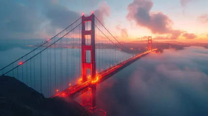 Papier Peint photo Lavable Etats Unis Amazing aerial views from the Golden Gate bridge in San Francisco, fog, trails of light