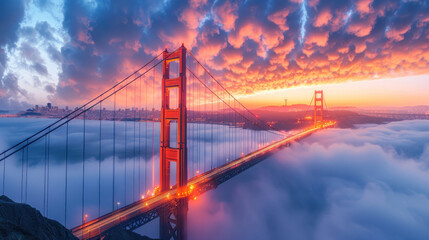Fototapeta premium Amazing aerial views from the Golden Gate bridge in San Francisco, fog, trails of light