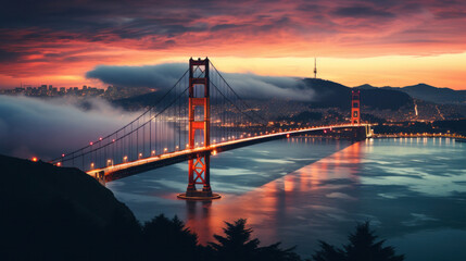 Amazing aerial views from the Golden Gate bridge in San Francisco, fog, trails of light